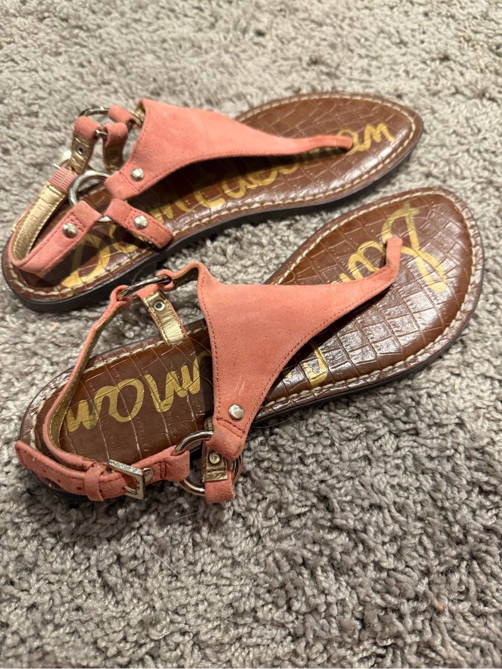 Sam Edelman Coral Suede T-Strap Sandals with Gold Accents
